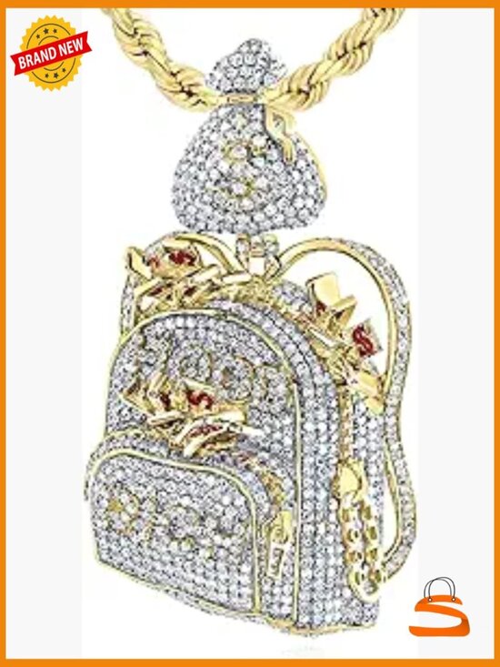 Jewelry - Natural Diamond 10K Yellow Gold Backpack Pendant Necklace 2.6"